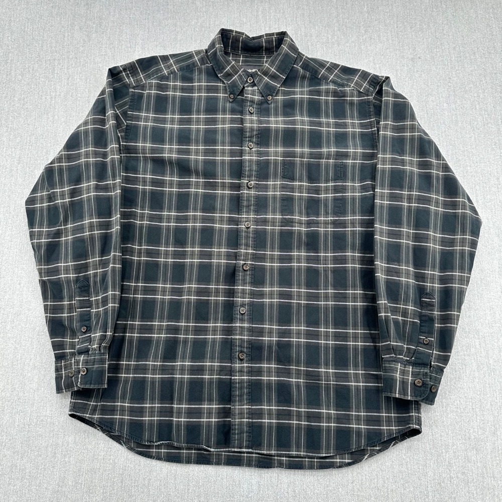 Eddie Bauer Button Down Men Large Tall Gray Plaid Shirt Long Sleeve Cotton